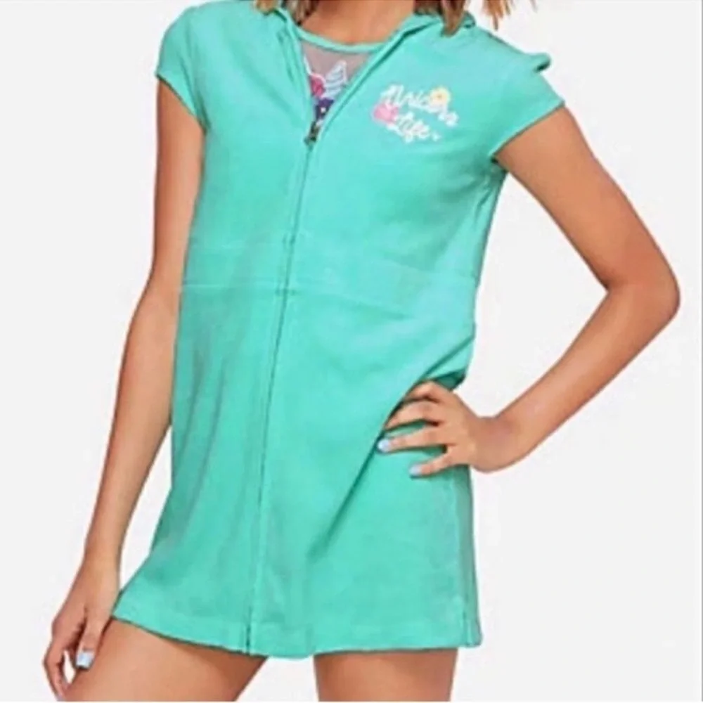 Justice mint green terry knit zip up unicorn life swim suit cover up